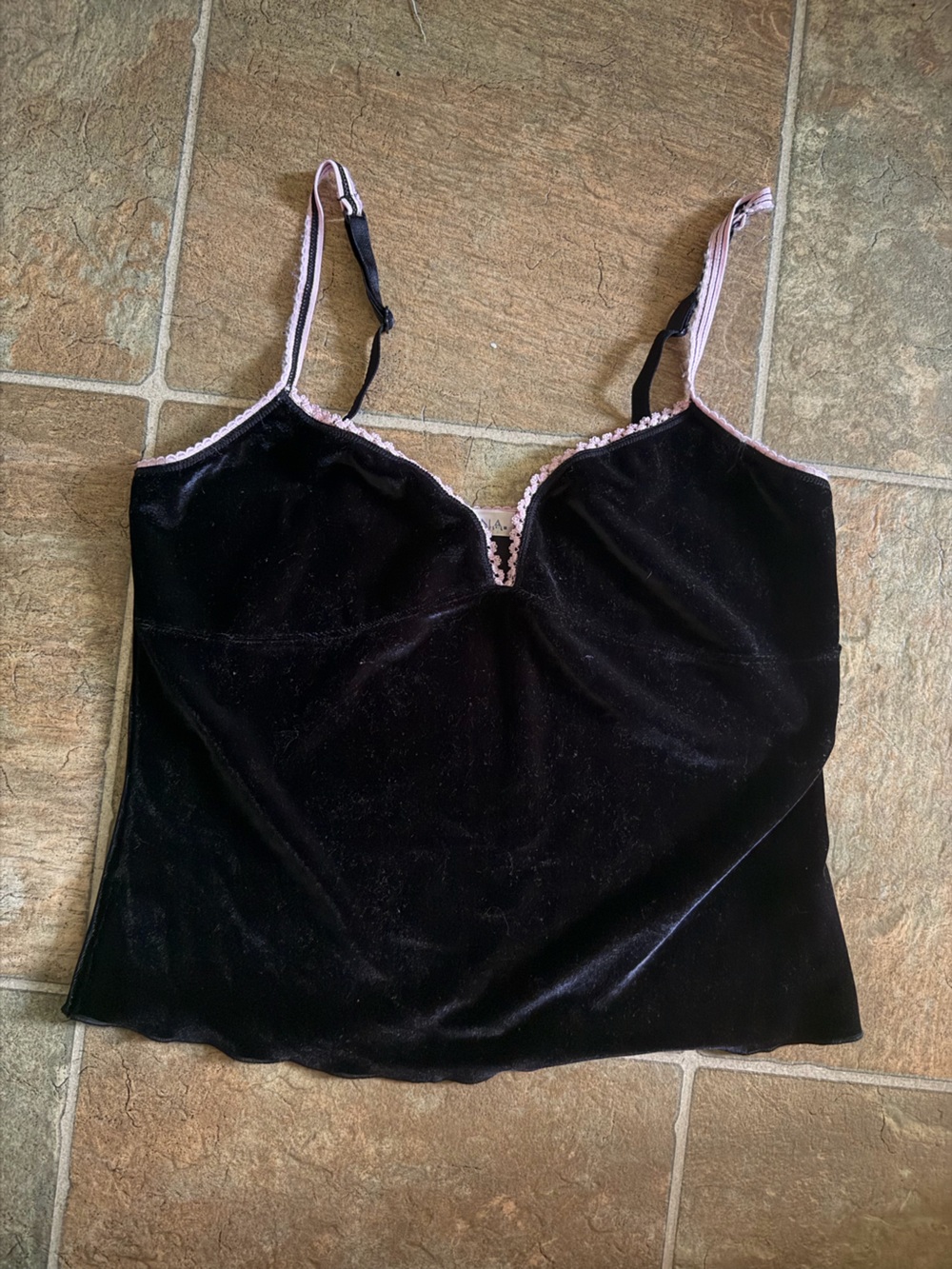 Hannah Black Velvet Cami with Light Pink Trim